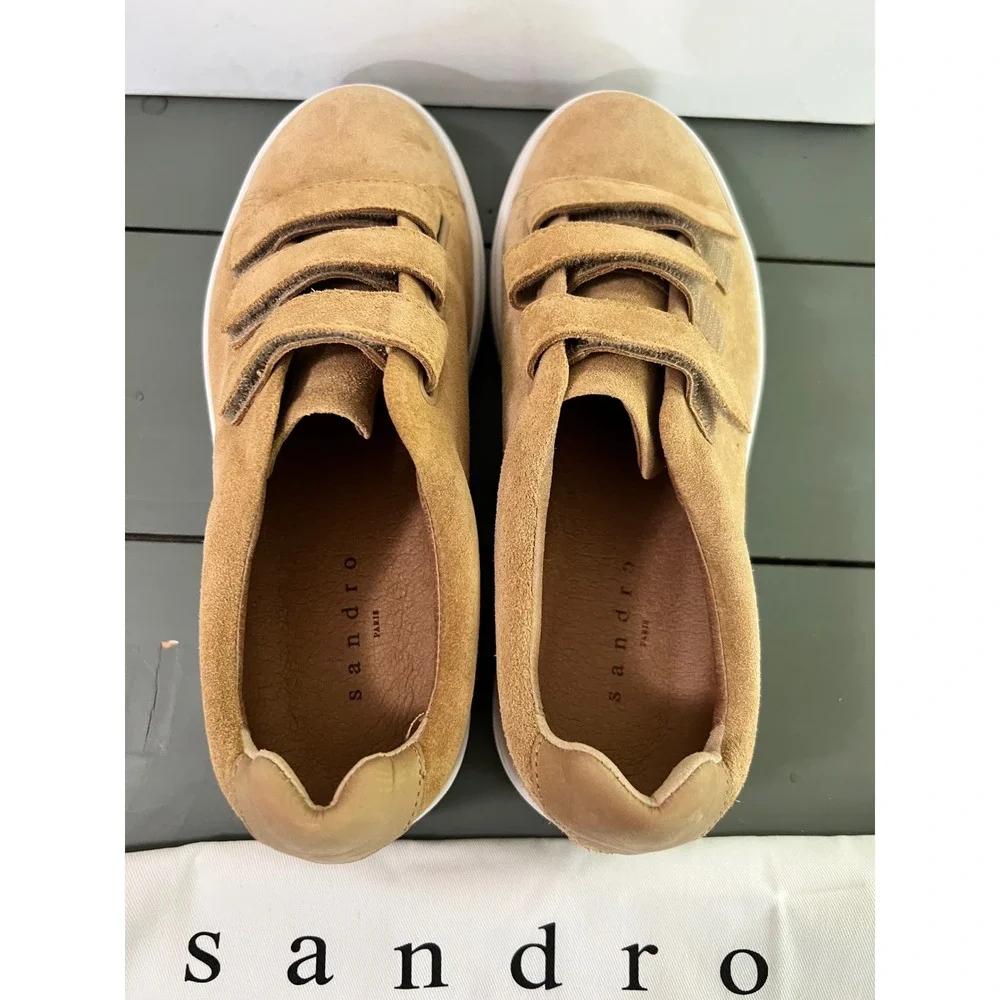New in Box SANDRO Paris Women's Sneakers Suede Leather Mocha Cream Size‎ 39